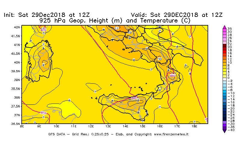 Mappa di analisi GFS - Geopotenziale [m] e Temperatura [°C] a 925 hPa in Sud-Italia
									del 29/12/2018 12 <!--googleoff: index-->UTC<!--googleon: index-->