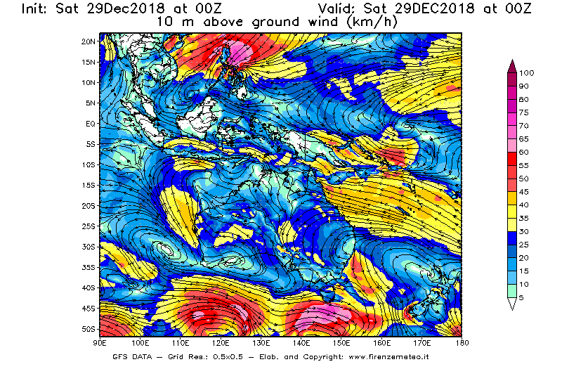 Mappa di analisi GFS - Velocità del vento a 10 metri dal suolo [km/h] in Oceania
									del 29/12/2018 00 <!--googleoff: index-->UTC<!--googleon: index-->