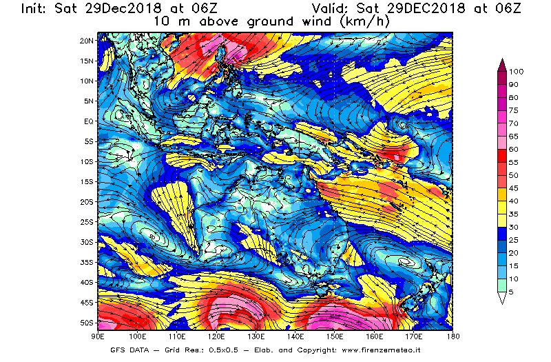 Mappa di analisi GFS - Velocità del vento a 10 metri dal suolo [km/h] in Oceania
									del 29/12/2018 06 <!--googleoff: index-->UTC<!--googleon: index-->