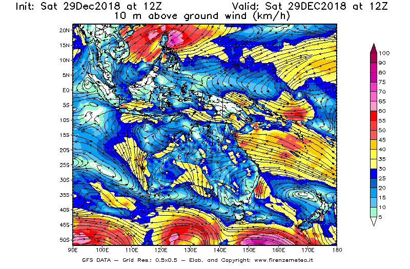 Mappa di analisi GFS - Velocità del vento a 10 metri dal suolo [km/h] in Oceania
									del 29/12/2018 12 <!--googleoff: index-->UTC<!--googleon: index-->