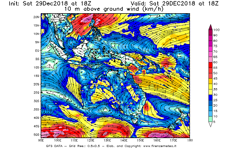 Mappa di analisi GFS - Velocità del vento a 10 metri dal suolo [km/h] in Oceania
									del 29/12/2018 18 <!--googleoff: index-->UTC<!--googleon: index-->