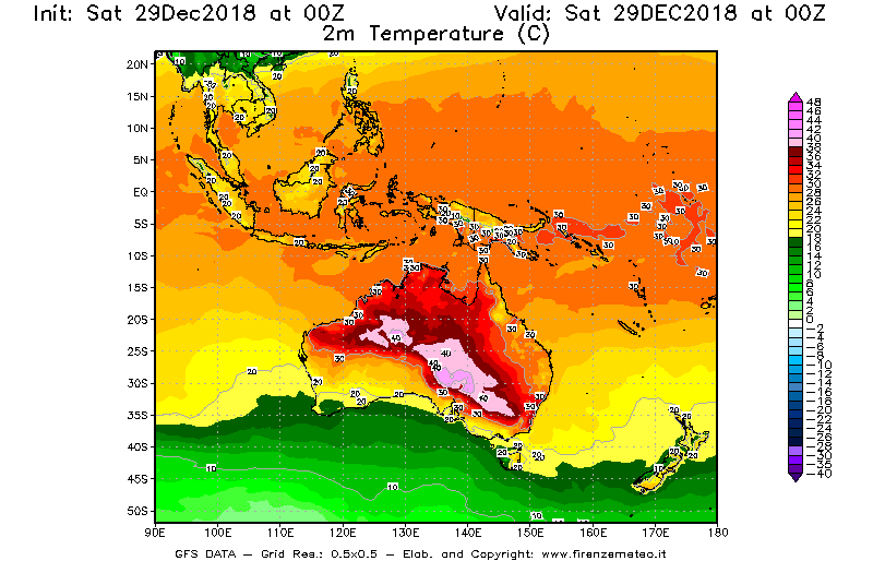 Mappa di analisi GFS - Temperatura a 2 metri dal suolo [°C] in Oceania
									del 29/12/2018 00 <!--googleoff: index-->UTC<!--googleon: index-->