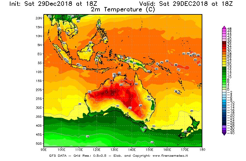Mappa di analisi GFS - Temperatura a 2 metri dal suolo [°C] in Oceania
									del 29/12/2018 18 <!--googleoff: index-->UTC<!--googleon: index-->