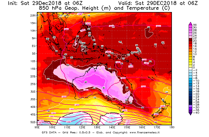 Mappa di analisi GFS - Geopotenziale [m] e Temperatura [°C] a 850 hPa in Oceania
									del 29/12/2018 06 <!--googleoff: index-->UTC<!--googleon: index-->