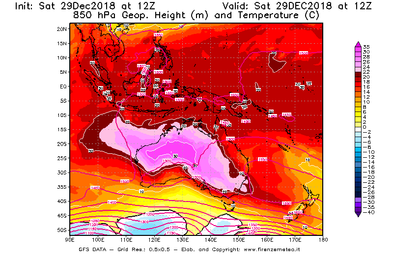 Mappa di analisi GFS - Geopotenziale [m] e Temperatura [°C] a 850 hPa in Oceania
									del 29/12/2018 12 <!--googleoff: index-->UTC<!--googleon: index-->