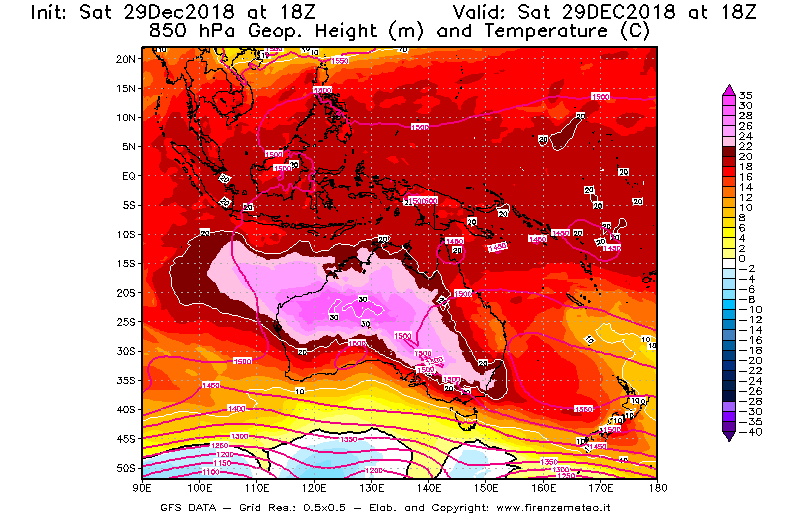 Mappa di analisi GFS - Geopotenziale [m] e Temperatura [°C] a 850 hPa in Oceania
									del 29/12/2018 18 <!--googleoff: index-->UTC<!--googleon: index-->
