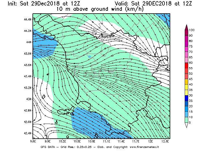 Mappa di analisi GFS - Velocità del vento a 10 metri dal suolo [km/h] in Toscana
									del 29/12/2018 12 <!--googleoff: index-->UTC<!--googleon: index-->