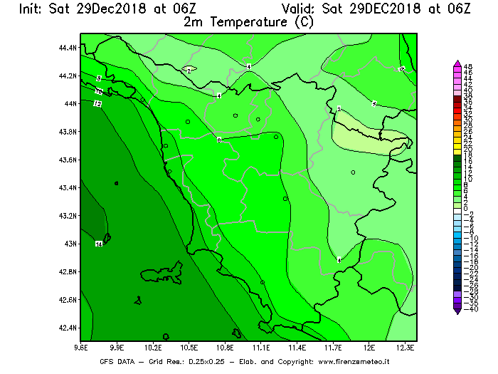 Mappa di analisi GFS - Temperatura a 2 metri dal suolo [°C] in Toscana
									del 29/12/2018 06 <!--googleoff: index-->UTC<!--googleon: index-->