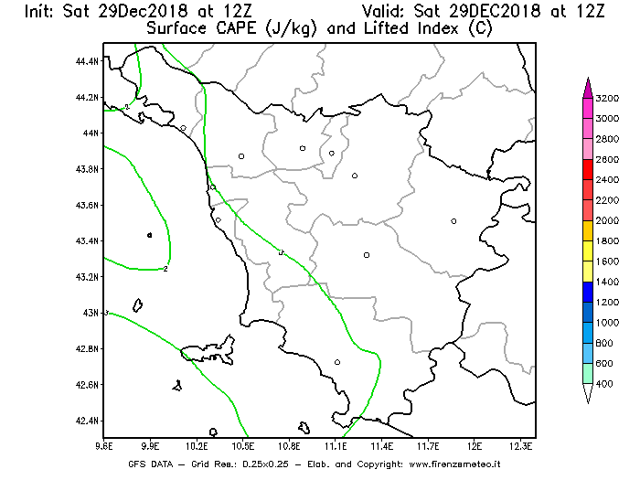Mappa di analisi GFS - CAPE [J/kg] e Lifted Index [°C] in Toscana
									del 29/12/2018 12 <!--googleoff: index-->UTC<!--googleon: index-->