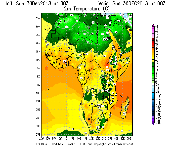 Mappa di analisi GFS - Temperatura a 2 metri dal suolo [°C] in Africa
							del 30/12/2018 00 <!--googleoff: index-->UTC<!--googleon: index-->