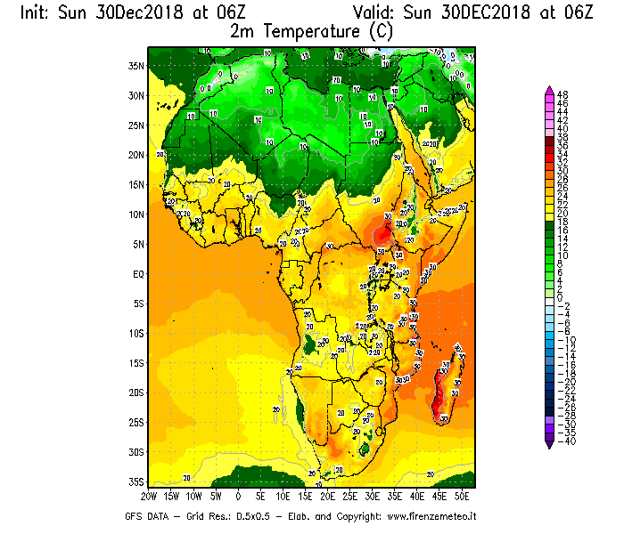 Mappa di analisi GFS - Temperatura a 2 metri dal suolo [°C] in Africa
							del 30/12/2018 06 <!--googleoff: index-->UTC<!--googleon: index-->