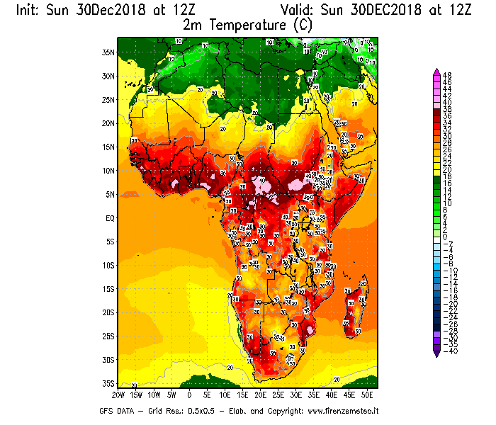 Mappa di analisi GFS - Temperatura a 2 metri dal suolo [°C] in Africa
							del 30/12/2018 12 <!--googleoff: index-->UTC<!--googleon: index-->