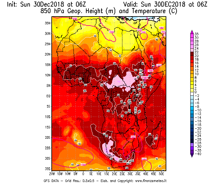 Mappa di analisi GFS - Geopotenziale [m] e Temperatura [°C] a 850 hPa in Africa
							del 30/12/2018 06 <!--googleoff: index-->UTC<!--googleon: index-->