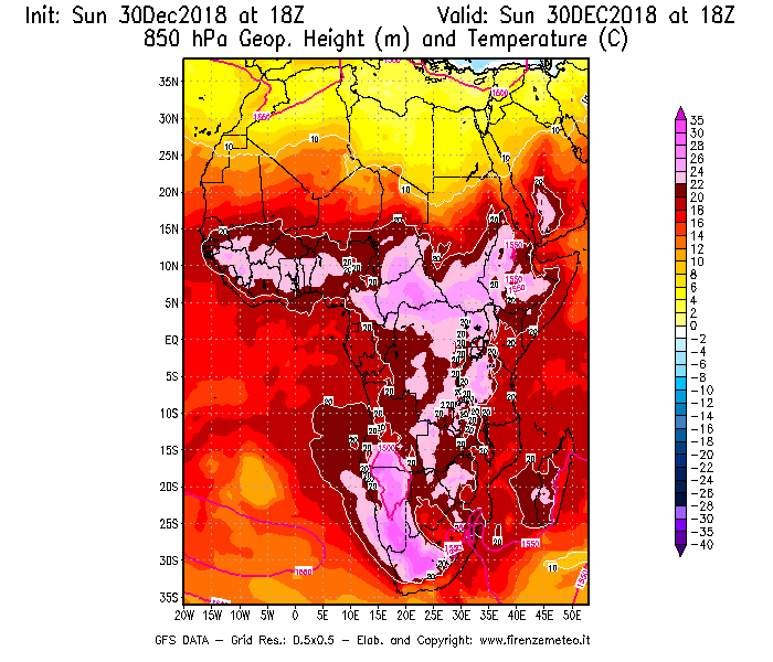 Mappa di analisi GFS - Geopotenziale [m] e Temperatura [°C] a 850 hPa in Africa
							del 30/12/2018 18 <!--googleoff: index-->UTC<!--googleon: index-->