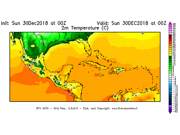 Mappa di analisi GFS - Temperatura a 2 metri dal suolo [°C] in Centro-America
							del 30/12/2018 00 <!--googleoff: index-->UTC<!--googleon: index-->