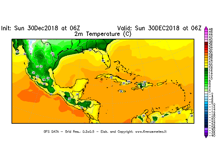 Mappa di analisi GFS - Temperatura a 2 metri dal suolo [°C] in Centro-America
							del 30/12/2018 06 <!--googleoff: index-->UTC<!--googleon: index-->