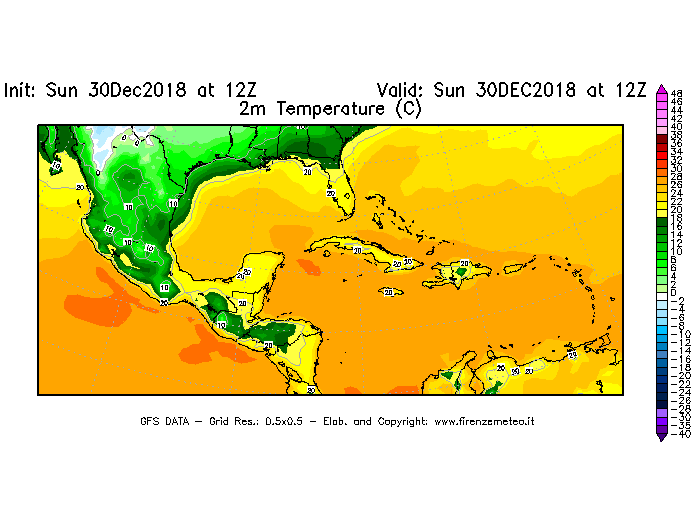 Mappa di analisi GFS - Temperatura a 2 metri dal suolo [°C] in Centro-America
							del 30/12/2018 12 <!--googleoff: index-->UTC<!--googleon: index-->