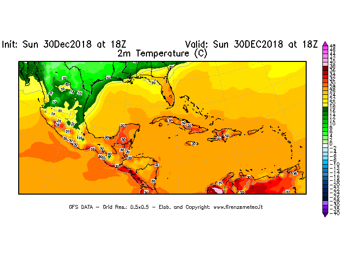 Mappa di analisi GFS - Temperatura a 2 metri dal suolo [°C] in Centro-America
							del 30/12/2018 18 <!--googleoff: index-->UTC<!--googleon: index-->