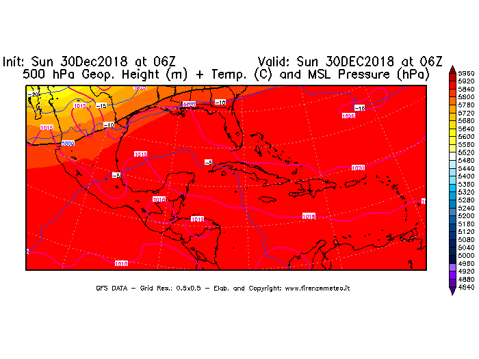 Mappa di analisi GFS - Geopotenziale [m] + Temp. [°C] a 500 hPa + Press. a livello del mare [hPa] in Centro-America
							del 30/12/2018 06 <!--googleoff: index-->UTC<!--googleon: index-->