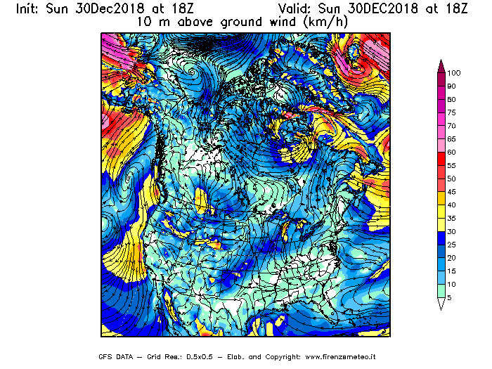 Mappa di analisi GFS - Velocità del vento a 10 metri dal suolo [km/h] in Nord-America
							del 30/12/2018 18 <!--googleoff: index-->UTC<!--googleon: index-->