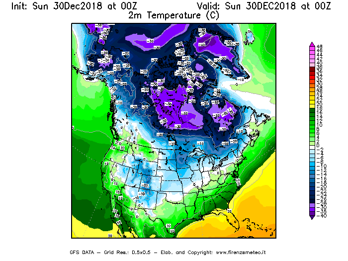 Mappa di analisi GFS - Temperatura a 2 metri dal suolo [°C] in Nord-America
							del 30/12/2018 00 <!--googleoff: index-->UTC<!--googleon: index-->