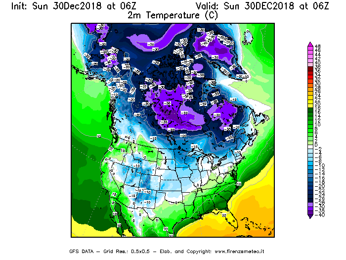Mappa di analisi GFS - Temperatura a 2 metri dal suolo [°C] in Nord-America
							del 30/12/2018 06 <!--googleoff: index-->UTC<!--googleon: index-->