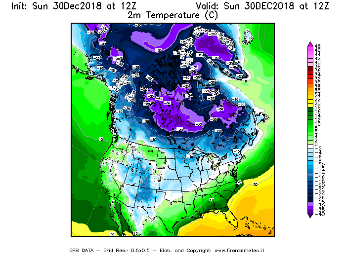 Mappa di analisi GFS - Temperatura a 2 metri dal suolo [°C] in Nord-America
							del 30/12/2018 12 <!--googleoff: index-->UTC<!--googleon: index-->