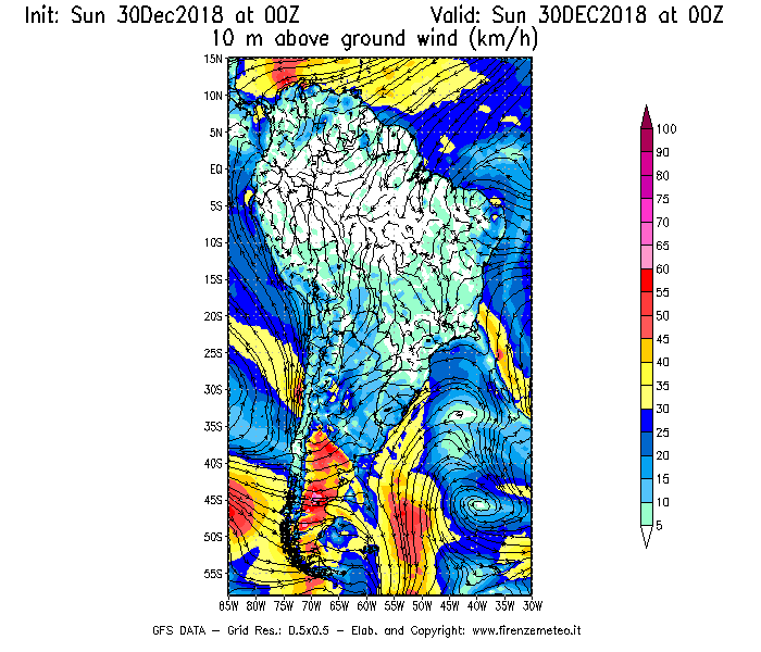 Mappa di analisi GFS - Velocità del vento a 10 metri dal suolo [km/h] in Sud-America
							del 30/12/2018 00 <!--googleoff: index-->UTC<!--googleon: index-->