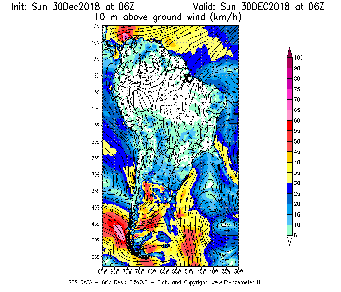 Mappa di analisi GFS - Velocità del vento a 10 metri dal suolo [km/h] in Sud-America
							del 30/12/2018 06 <!--googleoff: index-->UTC<!--googleon: index-->