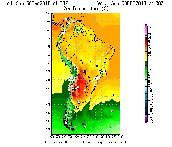 Mappa di analisi GFS - Temperatura a 2 metri dal suolo [°C] in Sud-America
							del 30/12/2018 00 <!--googleoff: index-->UTC<!--googleon: index-->