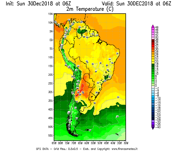 Mappa di analisi GFS - Temperatura a 2 metri dal suolo [°C] in Sud-America
							del 30/12/2018 06 <!--googleoff: index-->UTC<!--googleon: index-->