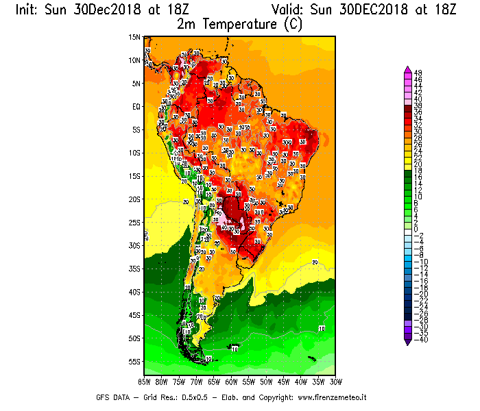 Mappa di analisi GFS - Temperatura a 2 metri dal suolo [°C] in Sud-America
							del 30/12/2018 18 <!--googleoff: index-->UTC<!--googleon: index-->