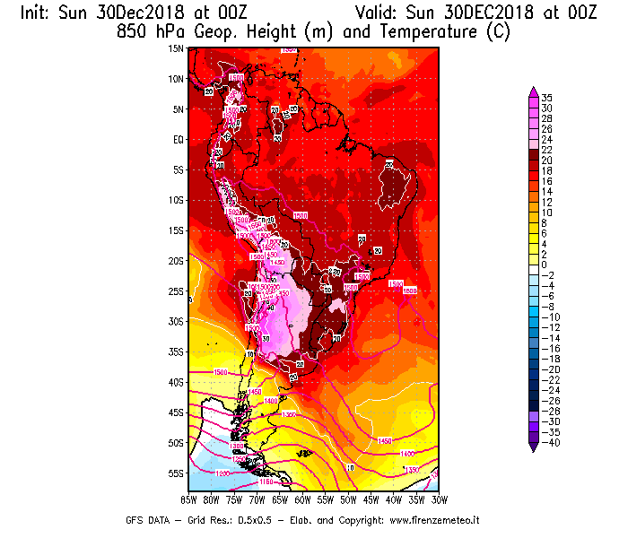Mappa di analisi GFS - Geopotenziale [m] e Temperatura [°C] a 850 hPa in Sud-America
							del 30/12/2018 00 <!--googleoff: index-->UTC<!--googleon: index-->