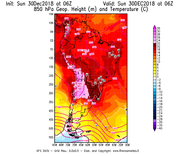 Mappa di analisi GFS - Geopotenziale [m] e Temperatura [°C] a 850 hPa in Sud-America
							del 30/12/2018 06 <!--googleoff: index-->UTC<!--googleon: index-->