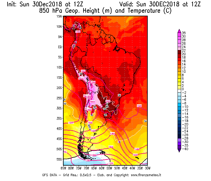 Mappa di analisi GFS - Geopotenziale [m] e Temperatura [°C] a 850 hPa in Sud-America
							del 30/12/2018 12 <!--googleoff: index-->UTC<!--googleon: index-->