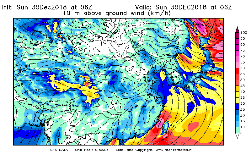 Mappa di analisi GFS - Velocità del vento a 10 metri dal suolo [km/h] in Asia Orientale
							del 30/12/2018 06 <!--googleoff: index-->UTC<!--googleon: index-->