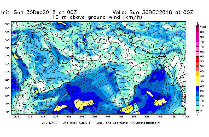 Mappa di analisi GFS - Velocità del vento a 10 metri dal suolo [km/h] in Asia Sud-Occidentale
							del 30/12/2018 00 <!--googleoff: index-->UTC<!--googleon: index-->