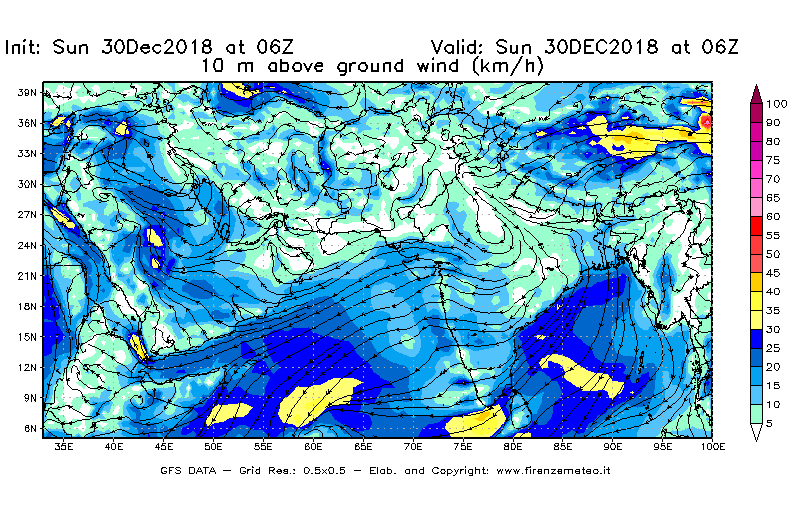Mappa di analisi GFS - Velocità del vento a 10 metri dal suolo [km/h] in Asia Sud-Occidentale
							del 30/12/2018 06 <!--googleoff: index-->UTC<!--googleon: index-->