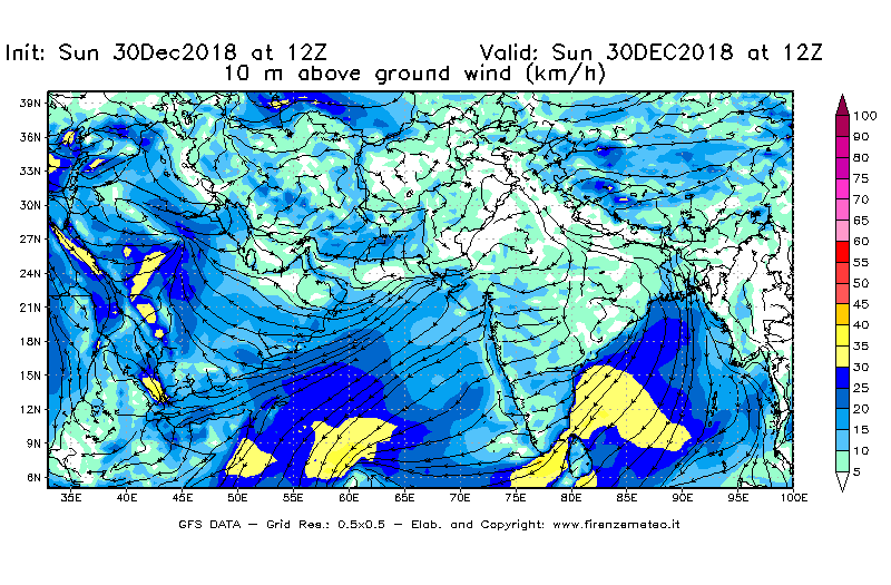 Mappa di analisi GFS - Velocità del vento a 10 metri dal suolo [km/h] in Asia Sud-Occidentale
							del 30/12/2018 12 <!--googleoff: index-->UTC<!--googleon: index-->