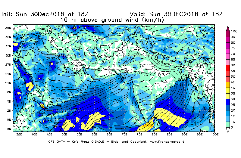 Mappa di analisi GFS - Velocità del vento a 10 metri dal suolo [km/h] in Asia Sud-Occidentale
							del 30/12/2018 18 <!--googleoff: index-->UTC<!--googleon: index-->