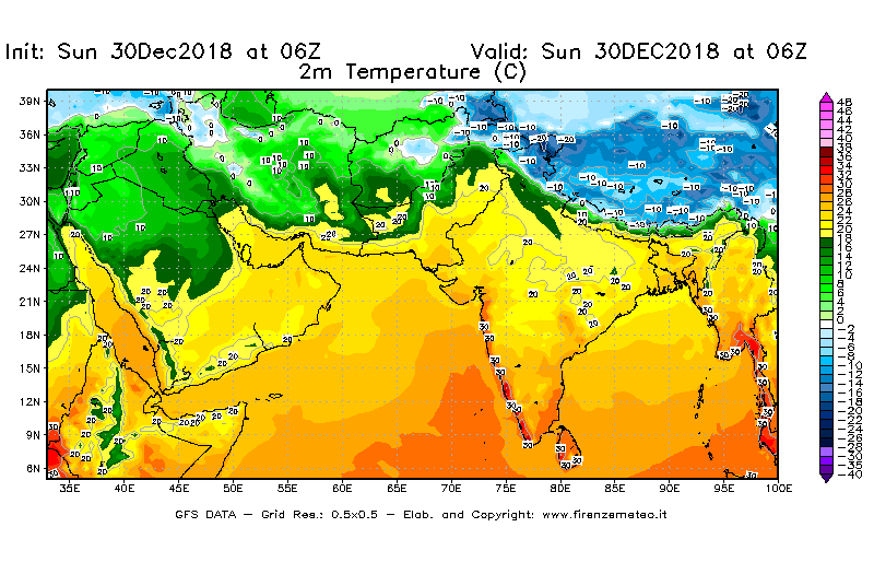 Mappa di analisi GFS - Temperatura a 2 metri dal suolo [°C] in Asia Sud-Occidentale
							del 30/12/2018 06 <!--googleoff: index-->UTC<!--googleon: index-->