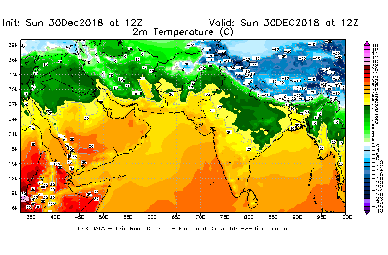 Mappa di analisi GFS - Temperatura a 2 metri dal suolo [°C] in Asia Sud-Occidentale
							del 30/12/2018 12 <!--googleoff: index-->UTC<!--googleon: index-->