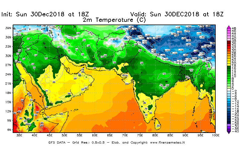 Mappa di analisi GFS - Temperatura a 2 metri dal suolo [°C] in Asia Sud-Occidentale
							del 30/12/2018 18 <!--googleoff: index-->UTC<!--googleon: index-->