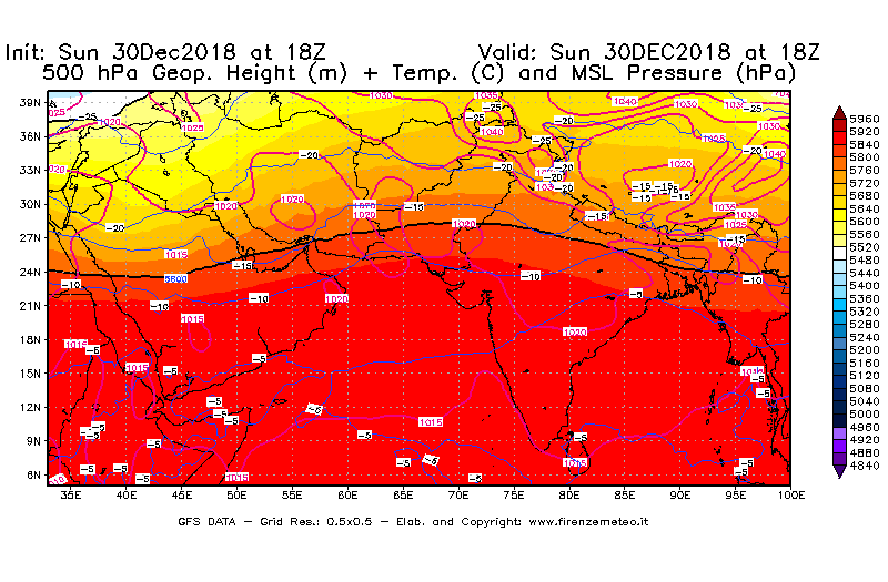 Mappa di analisi GFS - Geopotenziale [m] + Temp. [°C] a 500 hPa + Press. a livello del mare [hPa] in Asia Sud-Occidentale
							del 30/12/2018 18 <!--googleoff: index-->UTC<!--googleon: index-->