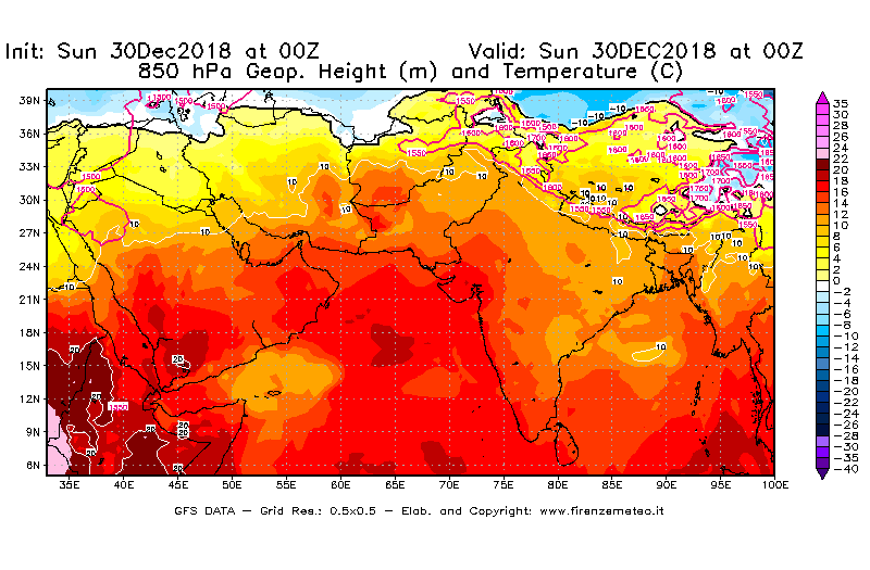 Mappa di analisi GFS - Geopotenziale [m] e Temperatura [°C] a 850 hPa in Asia Sud-Occidentale
							del 30/12/2018 00 <!--googleoff: index-->UTC<!--googleon: index-->