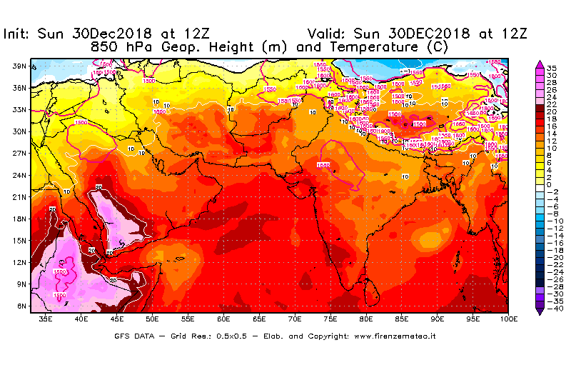 Mappa di analisi GFS - Geopotenziale [m] e Temperatura [°C] a 850 hPa in Asia Sud-Occidentale
							del 30/12/2018 12 <!--googleoff: index-->UTC<!--googleon: index-->
