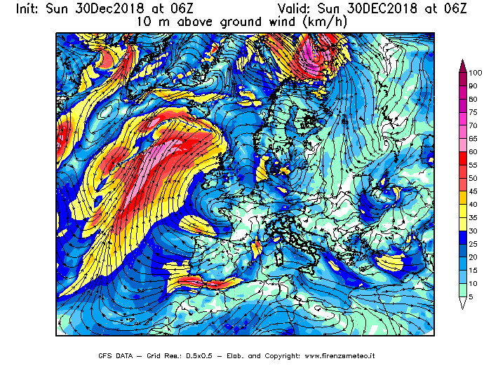 Mappa di analisi GFS - Velocità del vento a 10 metri dal suolo [km/h] in Europa
							del 30/12/2018 06 <!--googleoff: index-->UTC<!--googleon: index-->