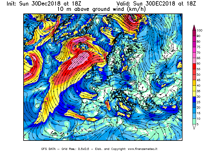 Mappa di analisi GFS - Velocità del vento a 10 metri dal suolo [km/h] in Europa
							del 30/12/2018 18 <!--googleoff: index-->UTC<!--googleon: index-->