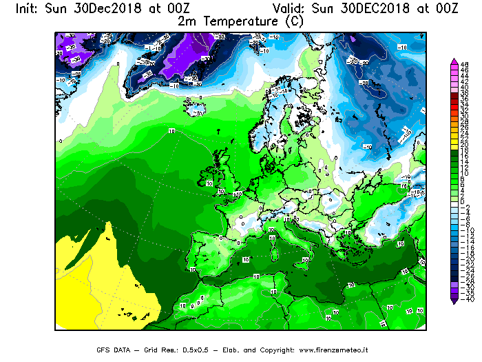 Mappa di analisi GFS - Temperatura a 2 metri dal suolo [°C] in Europa
							del 30/12/2018 00 <!--googleoff: index-->UTC<!--googleon: index-->