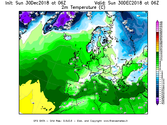 Mappa di analisi GFS - Temperatura a 2 metri dal suolo [°C] in Europa
							del 30/12/2018 06 <!--googleoff: index-->UTC<!--googleon: index-->
